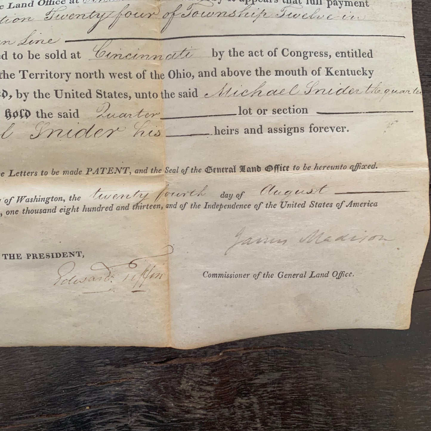 1813 President James Madison Signed Land Grant / Cincinnati Ohio