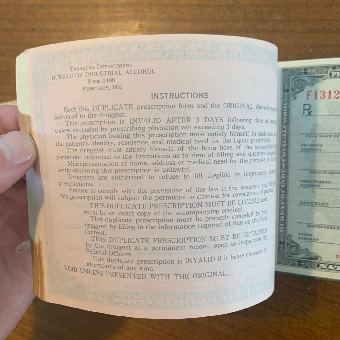 Prescription Forms for Medicinal Liquor Issued Under National Prohibition Act
