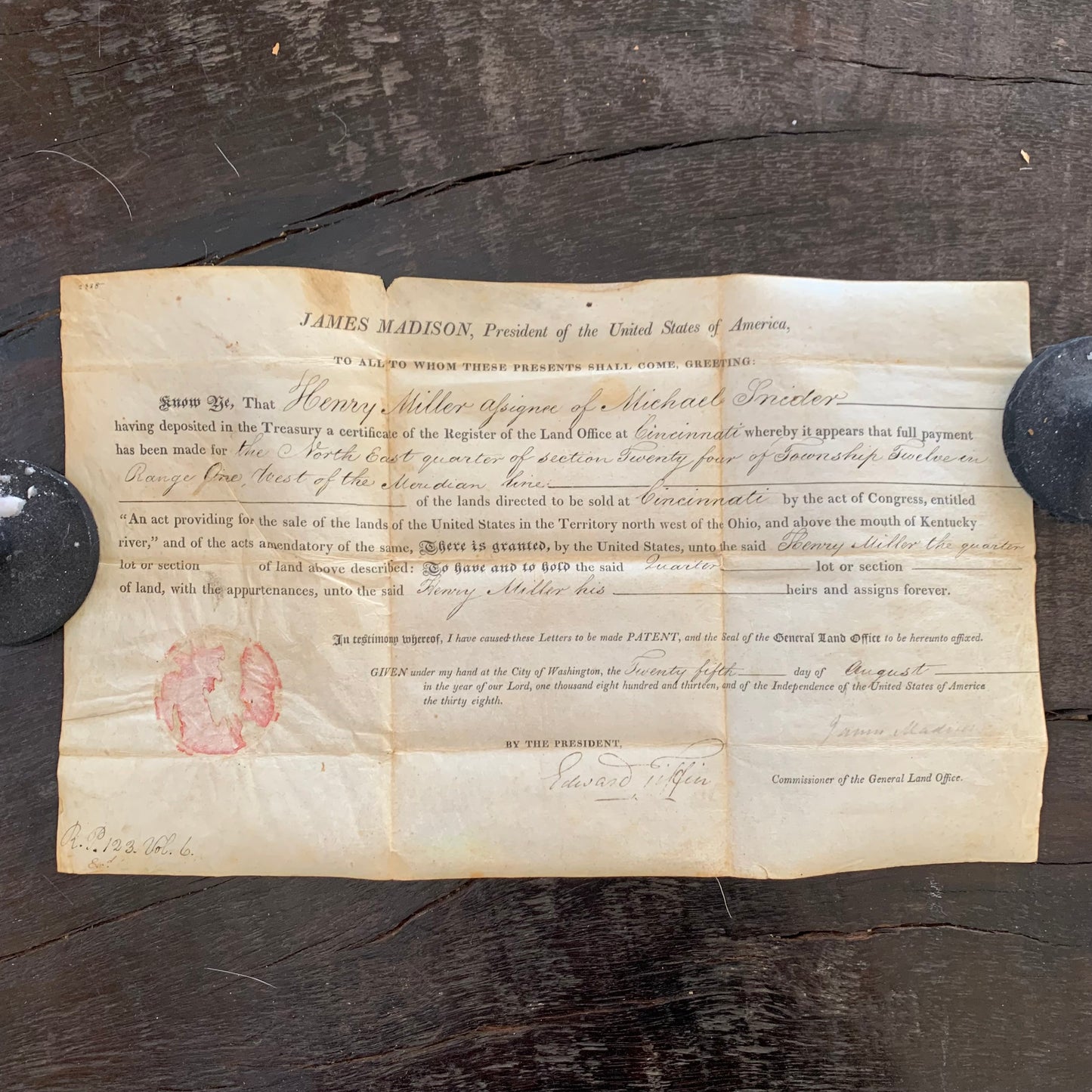 1813 President James Madison Signed Land Grant