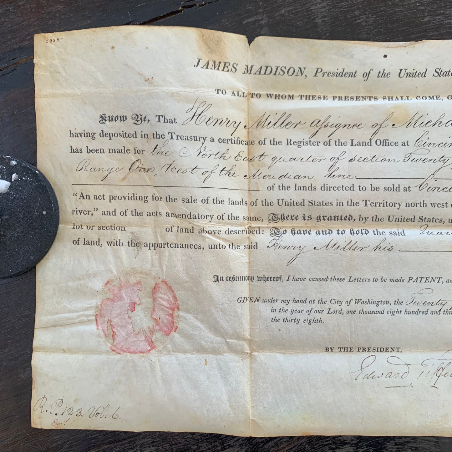 1813 President James Madison Signed Land Grant