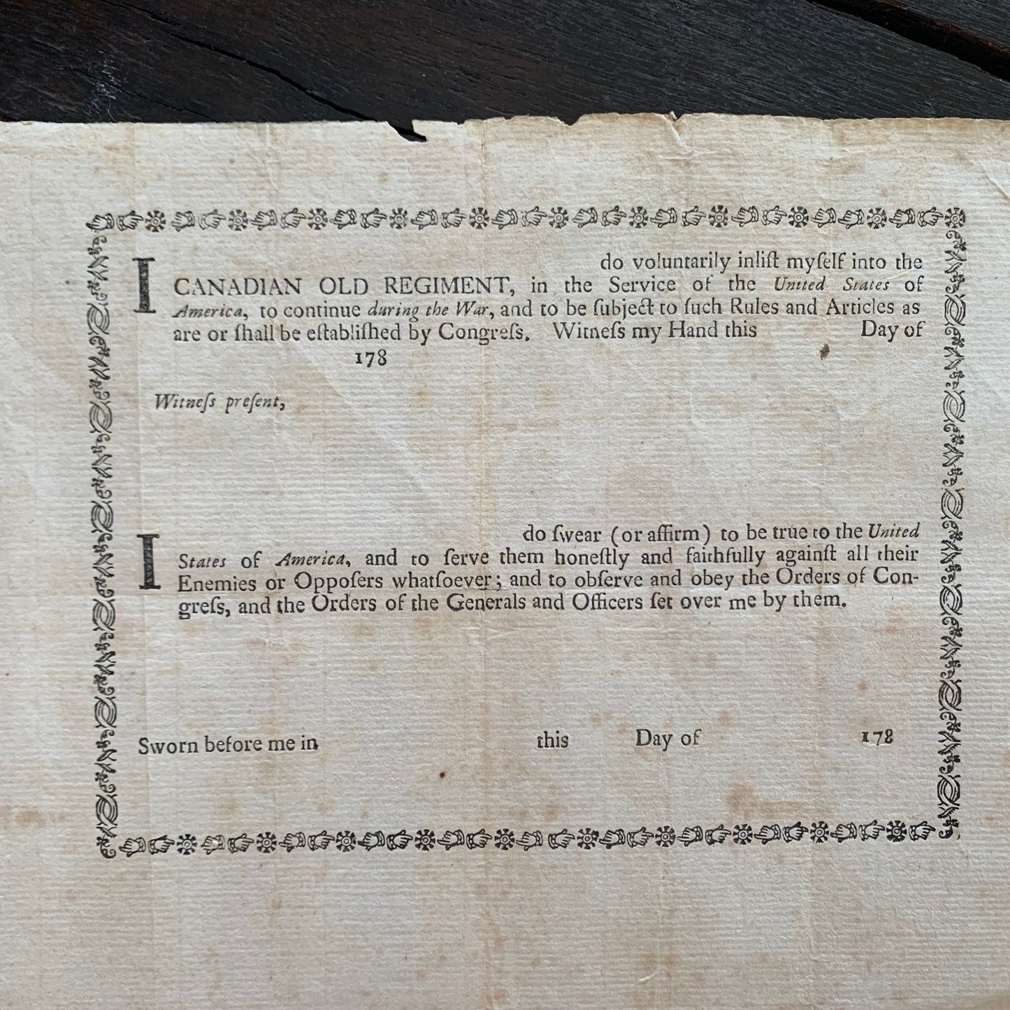 American Revolutionary War Enlistment Form for the Canadian Old Regiment ~1780s