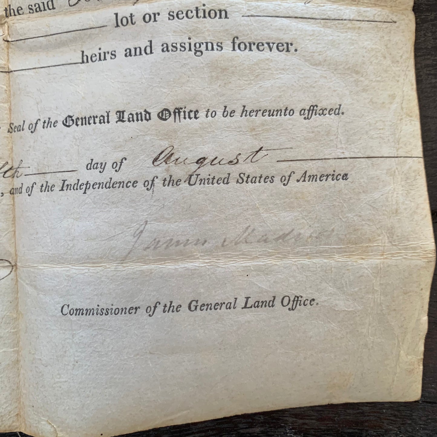 1813 President James Madison Signed Land Grant