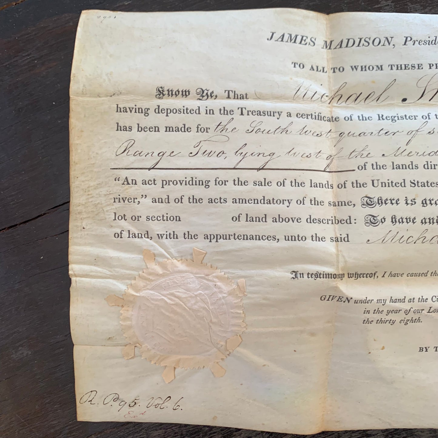 1813 President James Madison Signed Land Grant / Cincinnati Ohio