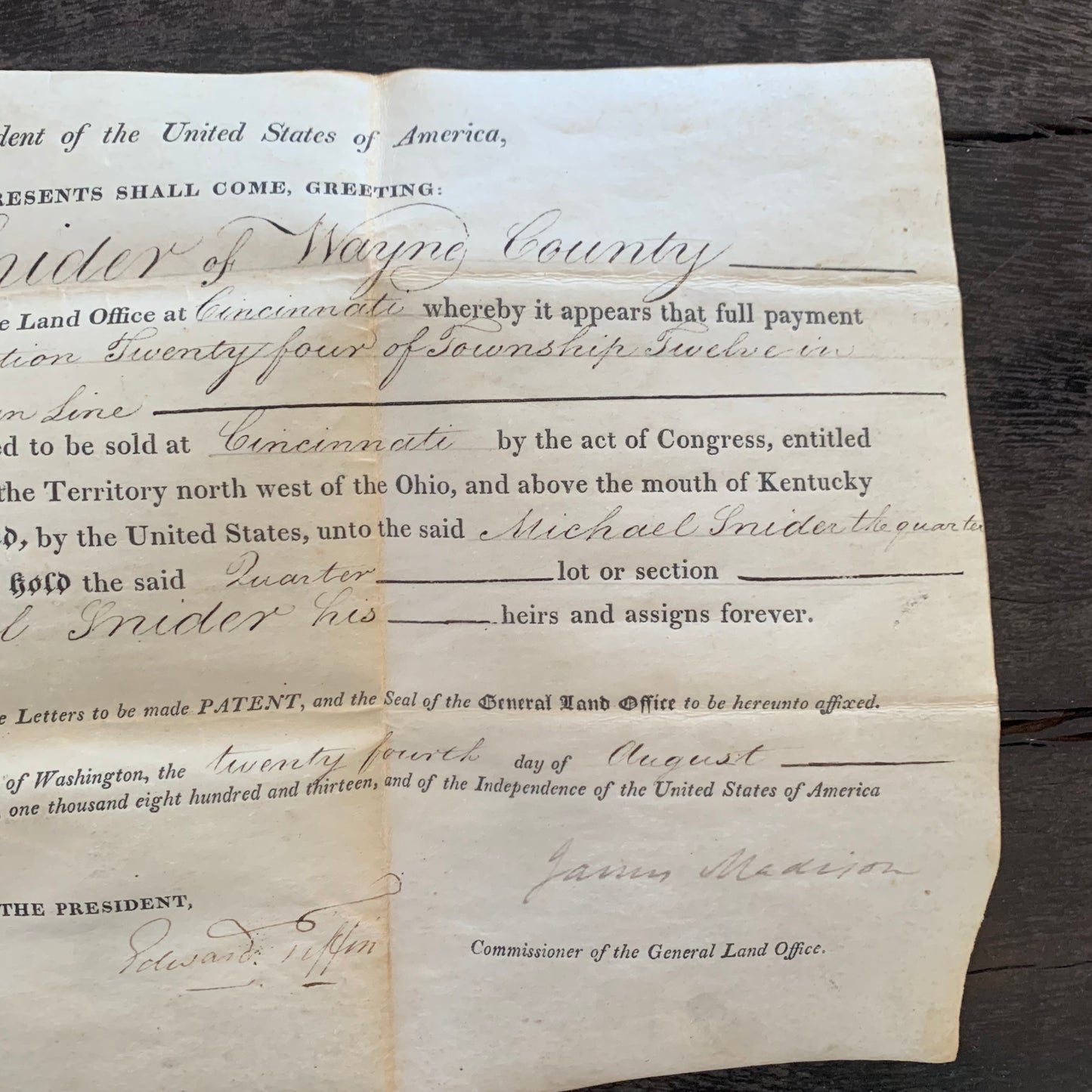 1813 President James Madison Signed Land Grant / Cincinnati Ohio