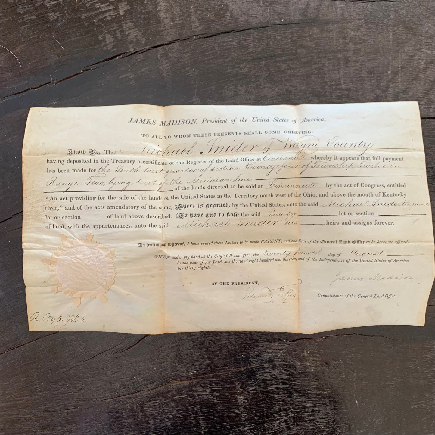 1813 President James Madison Signed Land Grant / Cincinnati Ohio