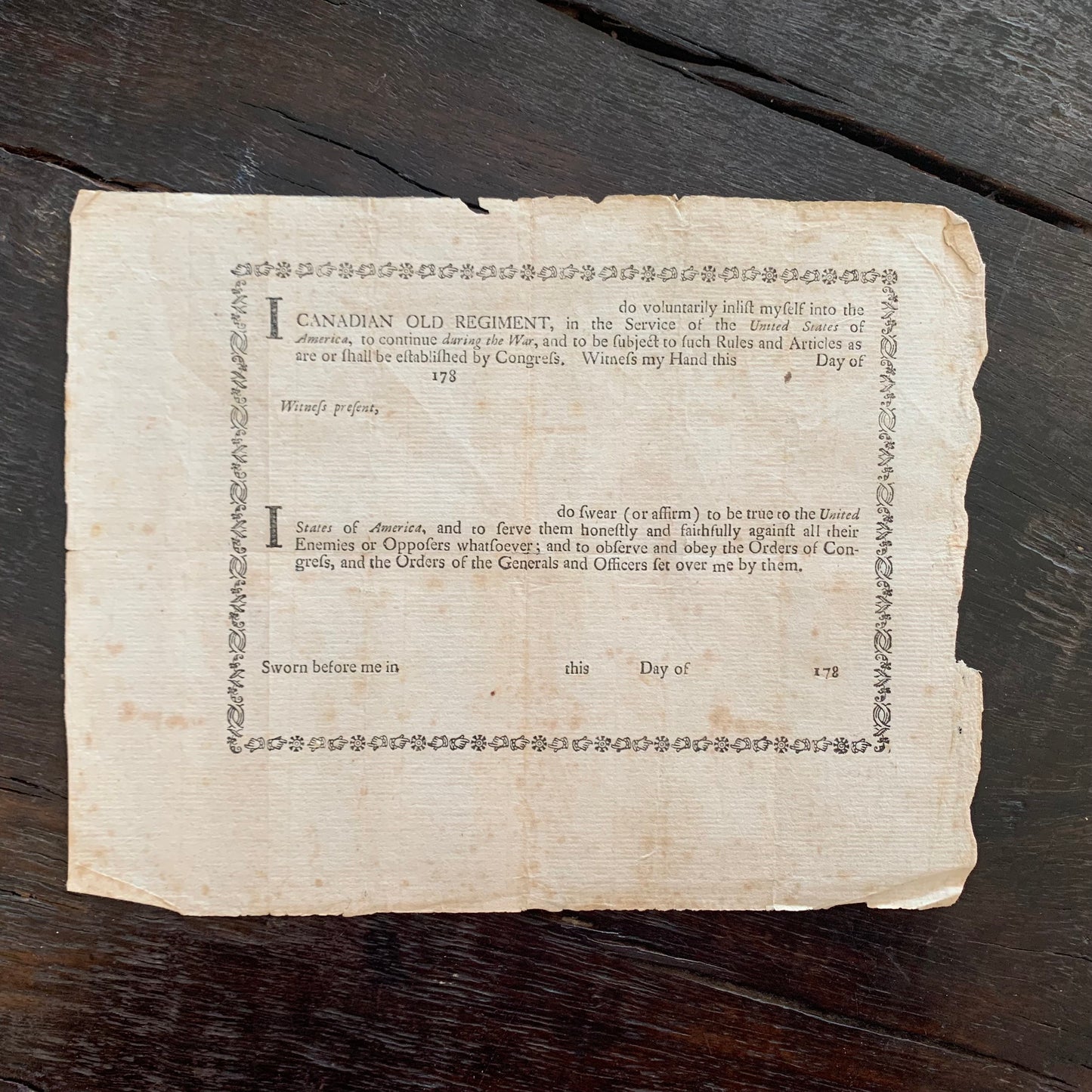 American Revolutionary War Enlistment Form for the Canadian Old Regiment ~1780s