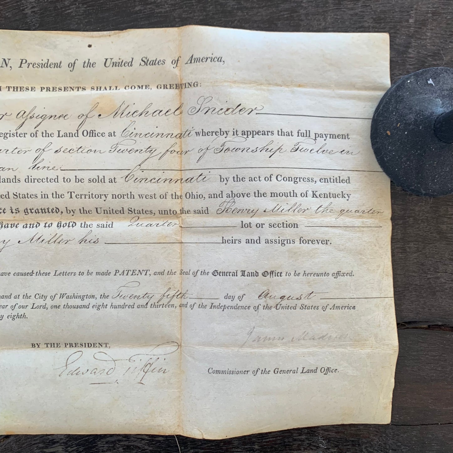 1813 President James Madison Signed Land Grant