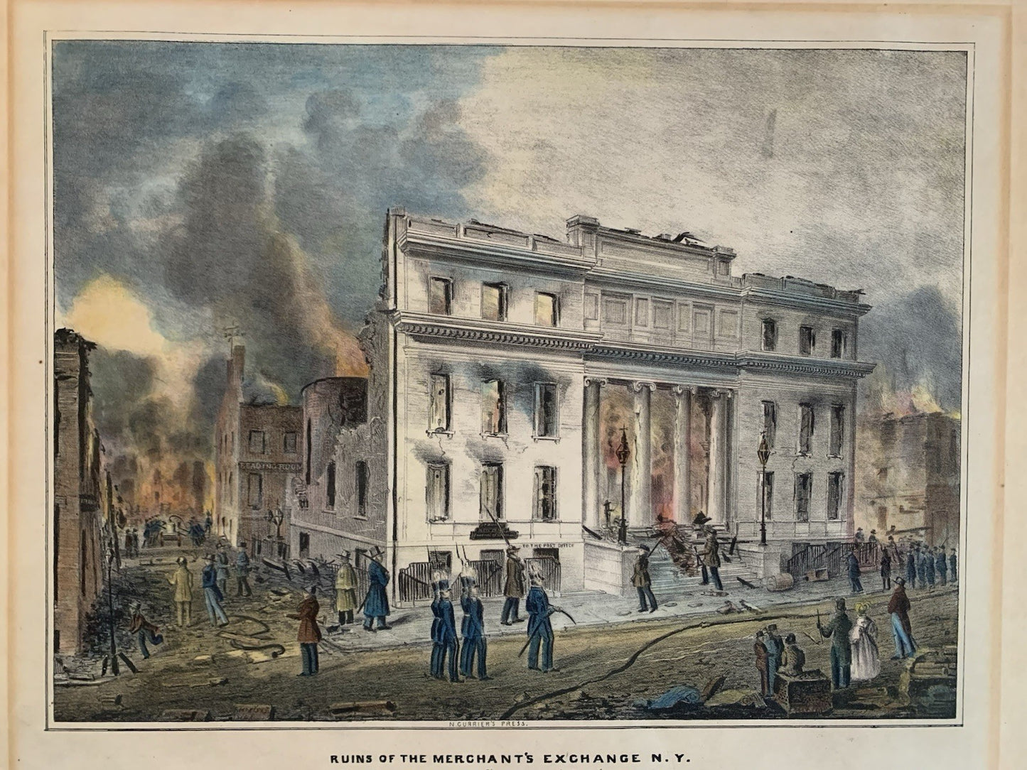 1835 Ruins of the Merchants Exchange N.Y. Bufford / Currier Color Lithograph