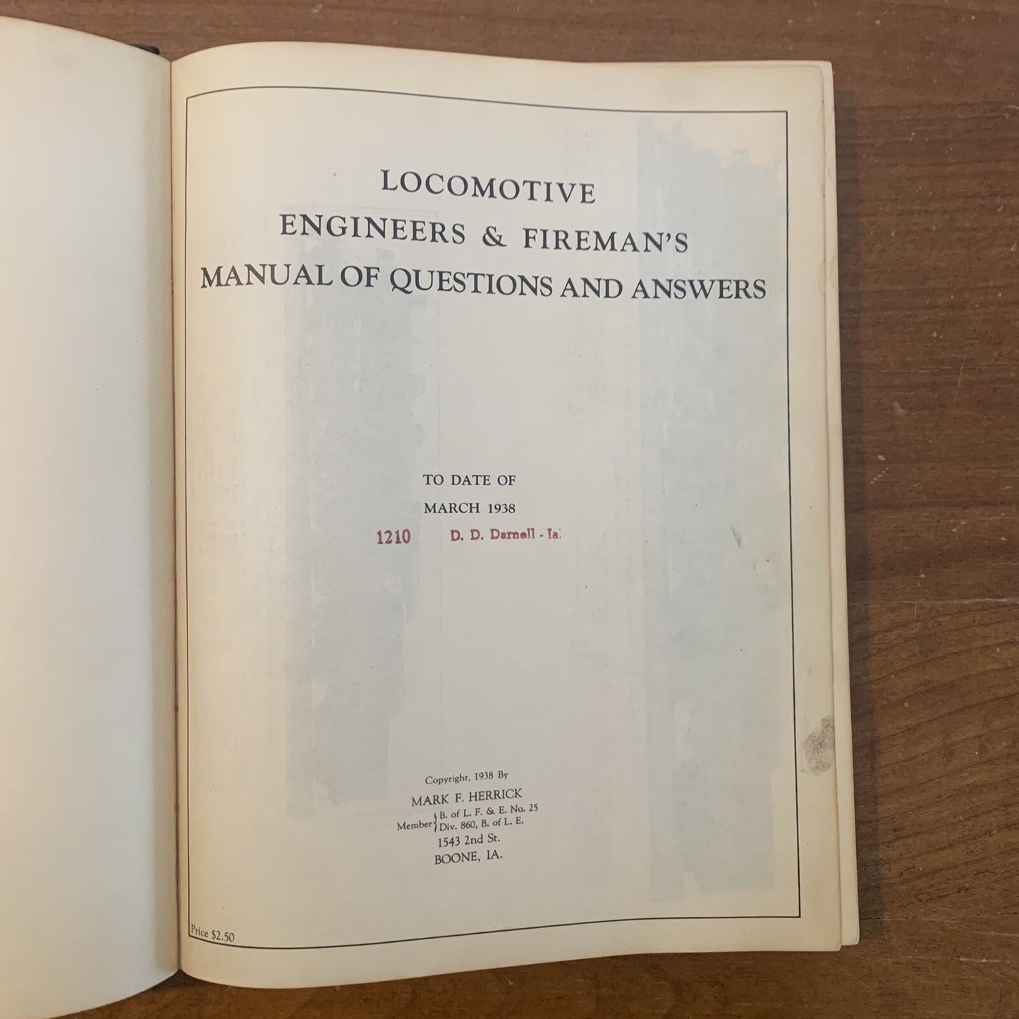 1938 Mark F Herrick / LOCOMOTIVE ENGINEERS & FIREMANS MANUAL OF QUESTIONS