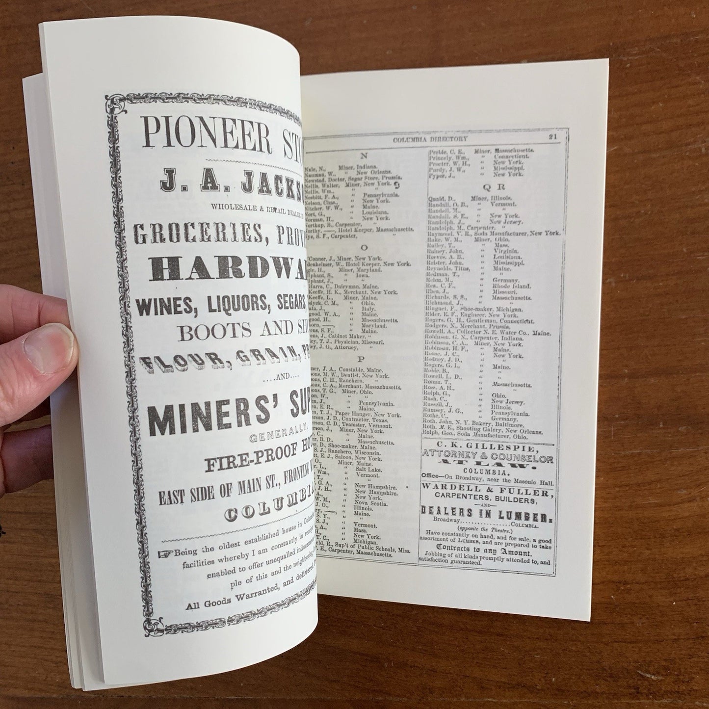 1856 Miners & Business Mens Directory for Tuolumne California / FACSIMILE