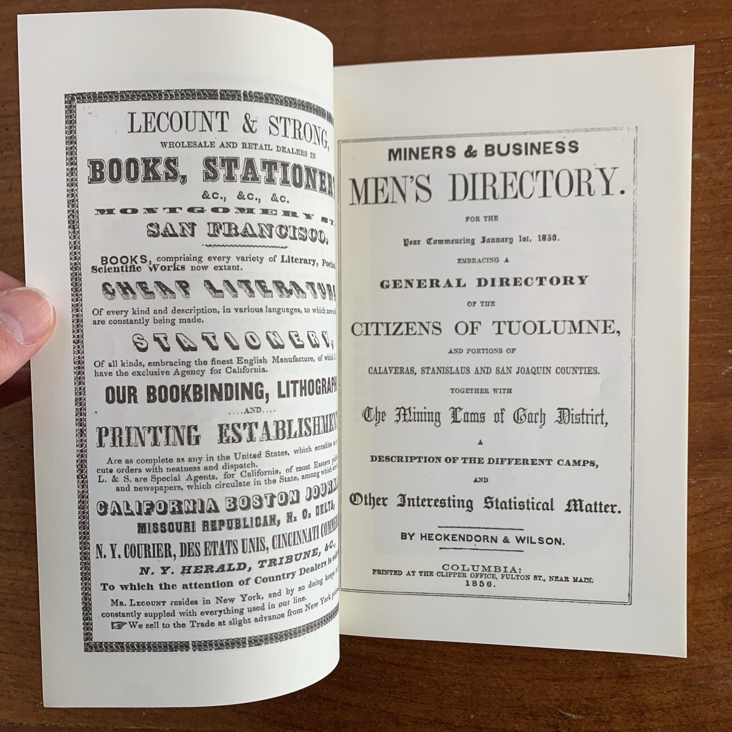 1856 Miners & Business Mens Directory for Tuolumne California / FACSIMILE