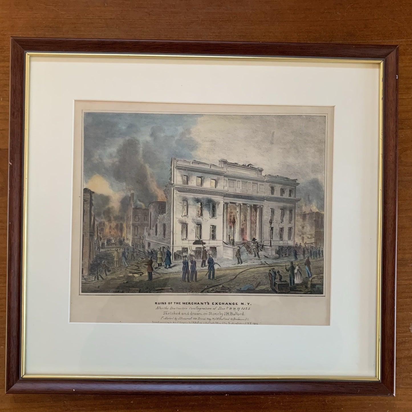 1835 Ruins of the Merchants Exchange N.Y. Bufford / Currier Color Lithograph