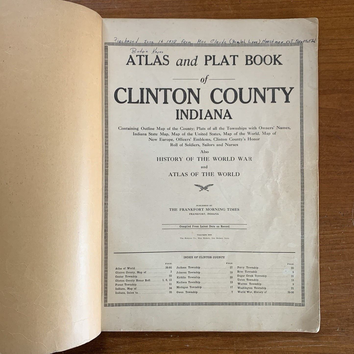 1919 Atlas and Plat Book of Clinton County Indiana World War 1 History Pictures
