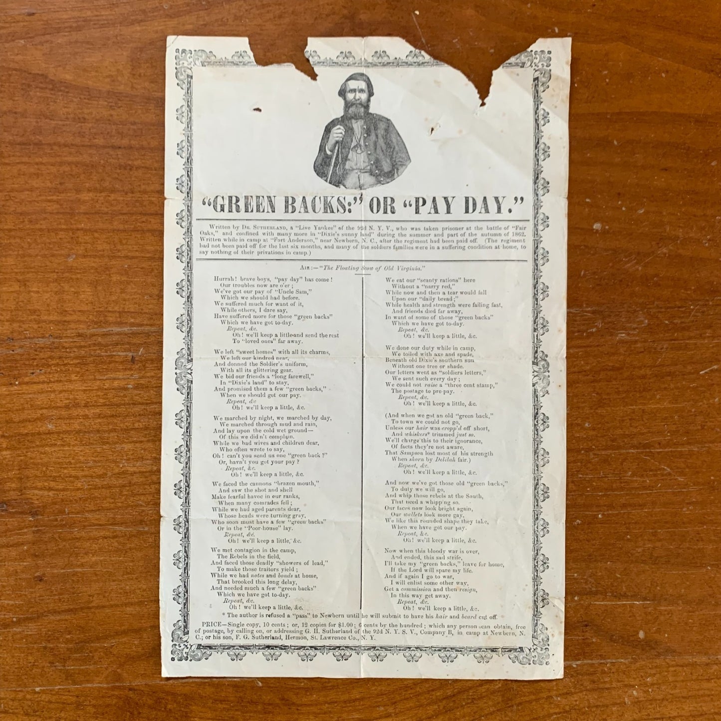 Dr. G. H. Sutherland. "Green Backs:" or "Pay Day." Civil War Song Broadside