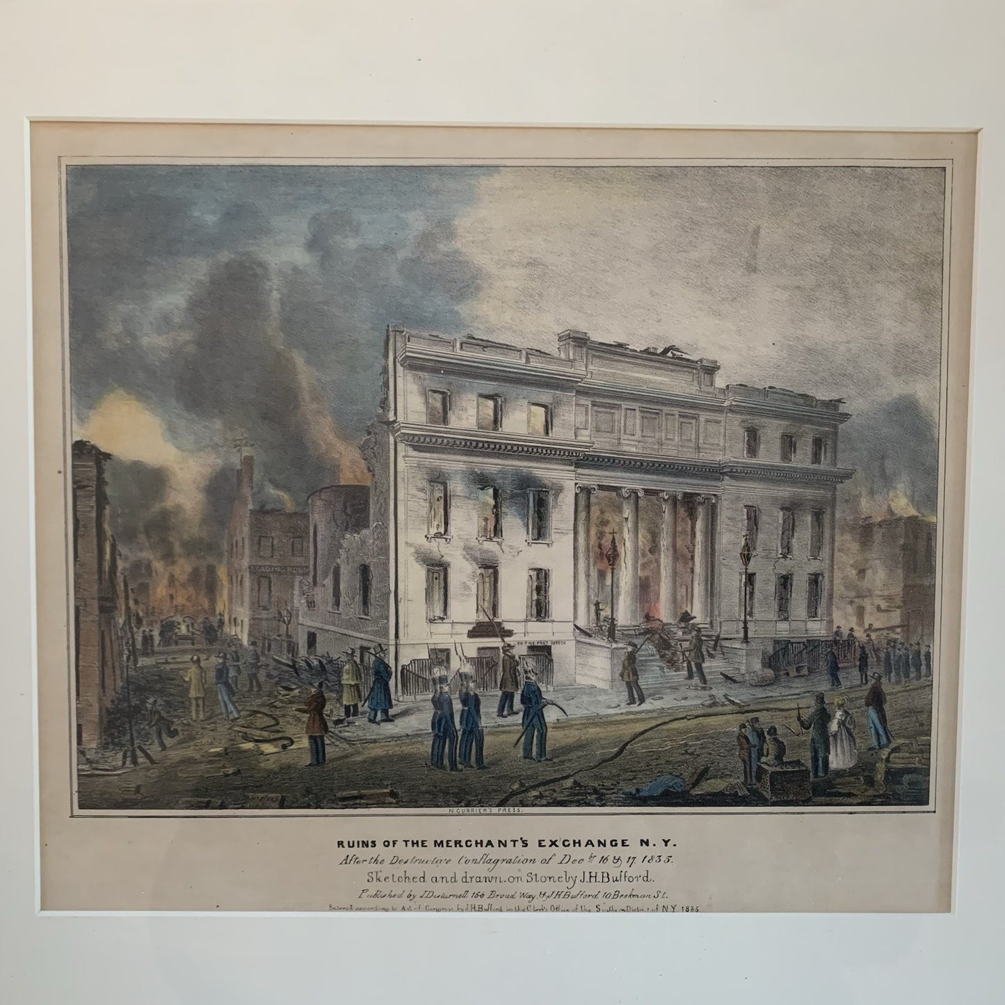 1835 Ruins of the Merchants Exchange N.Y. Bufford / Currier Color Lithograph