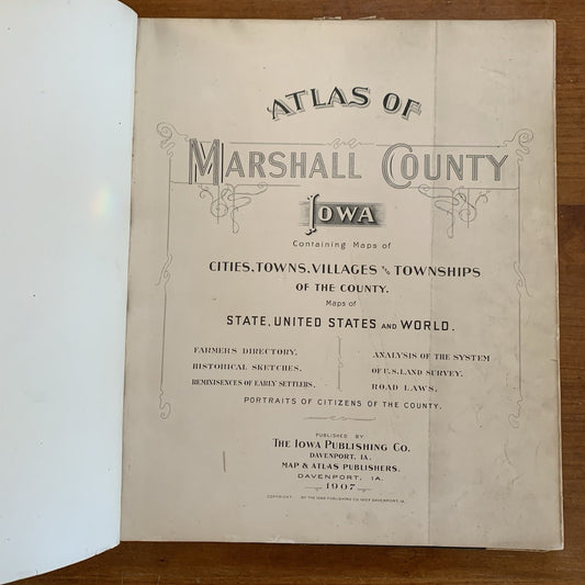 1907 Atlas of Marshall County Iowa / Plat Book Maps United States