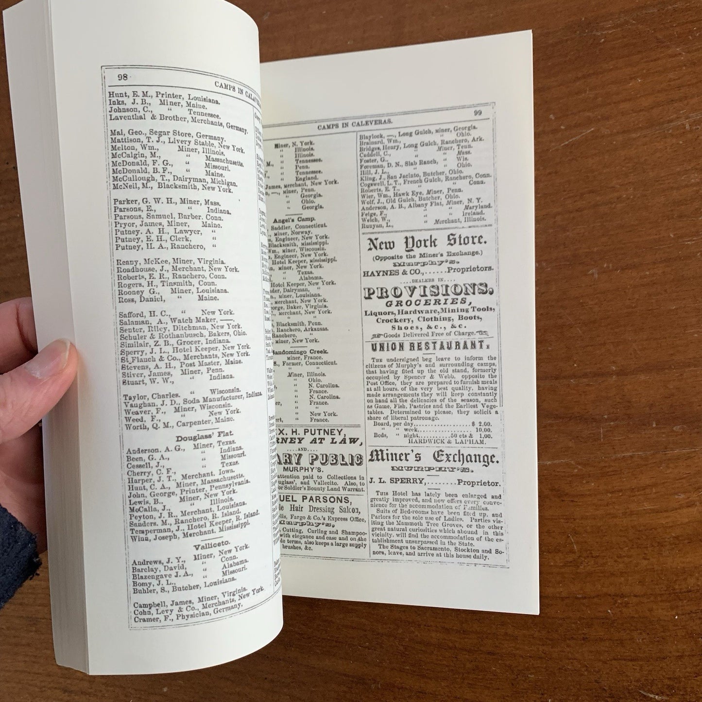 1856 Miners & Business Mens Directory for Tuolumne California / FACSIMILE