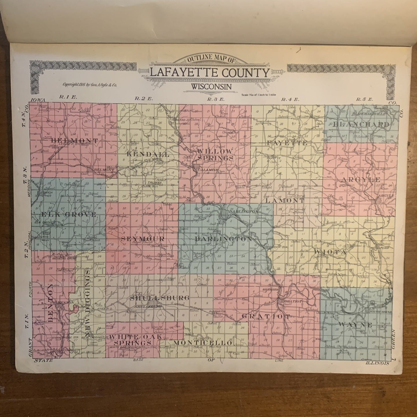 1916 Standard Atlas of Lafayette County Wisconsin Plat Book Ogle