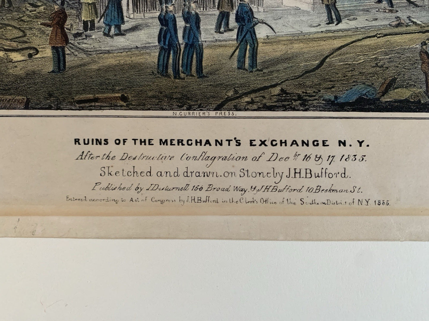 1835 Ruins of the Merchants Exchange N.Y. Bufford / Currier Color Lithograph