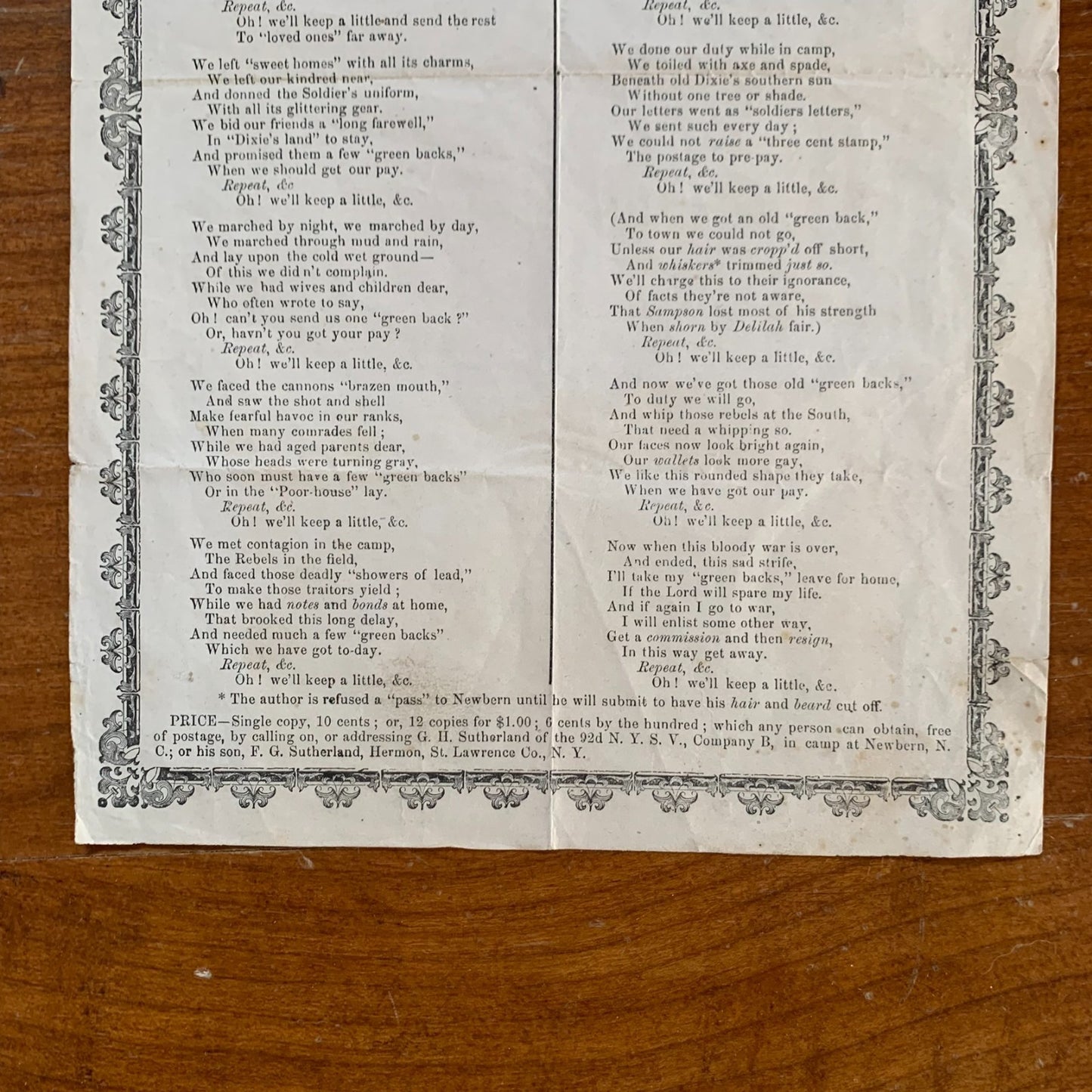 Dr. G. H. Sutherland. "Green Backs:" or "Pay Day." Civil War Song Broadside