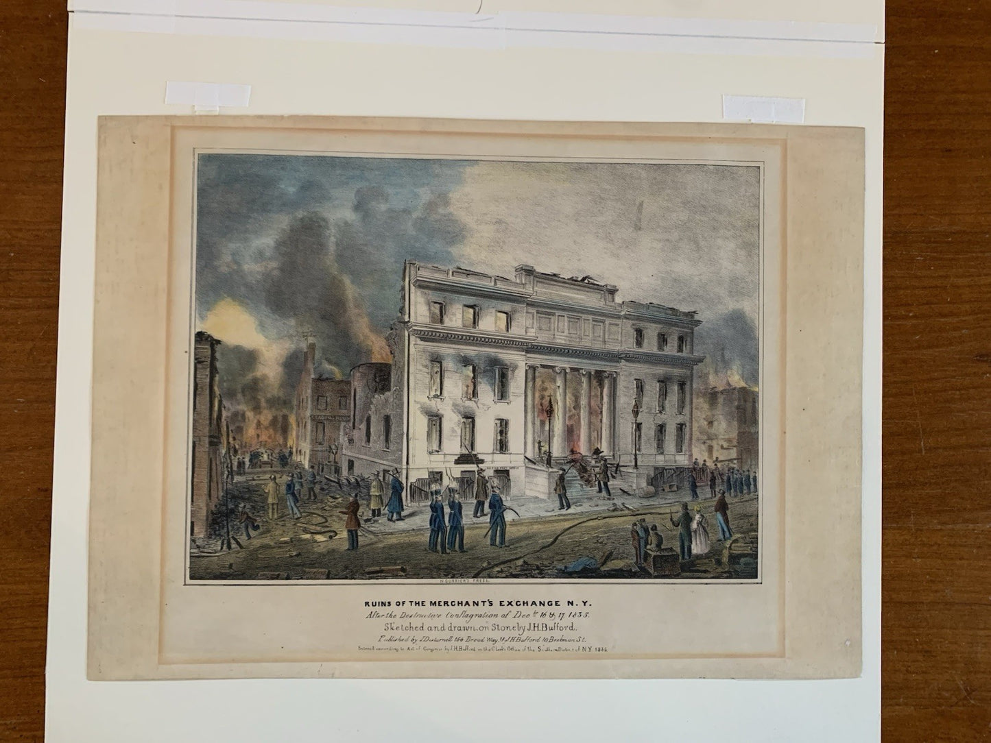 1835 Ruins of the Merchants Exchange N.Y. Bufford / Currier Color Lithograph