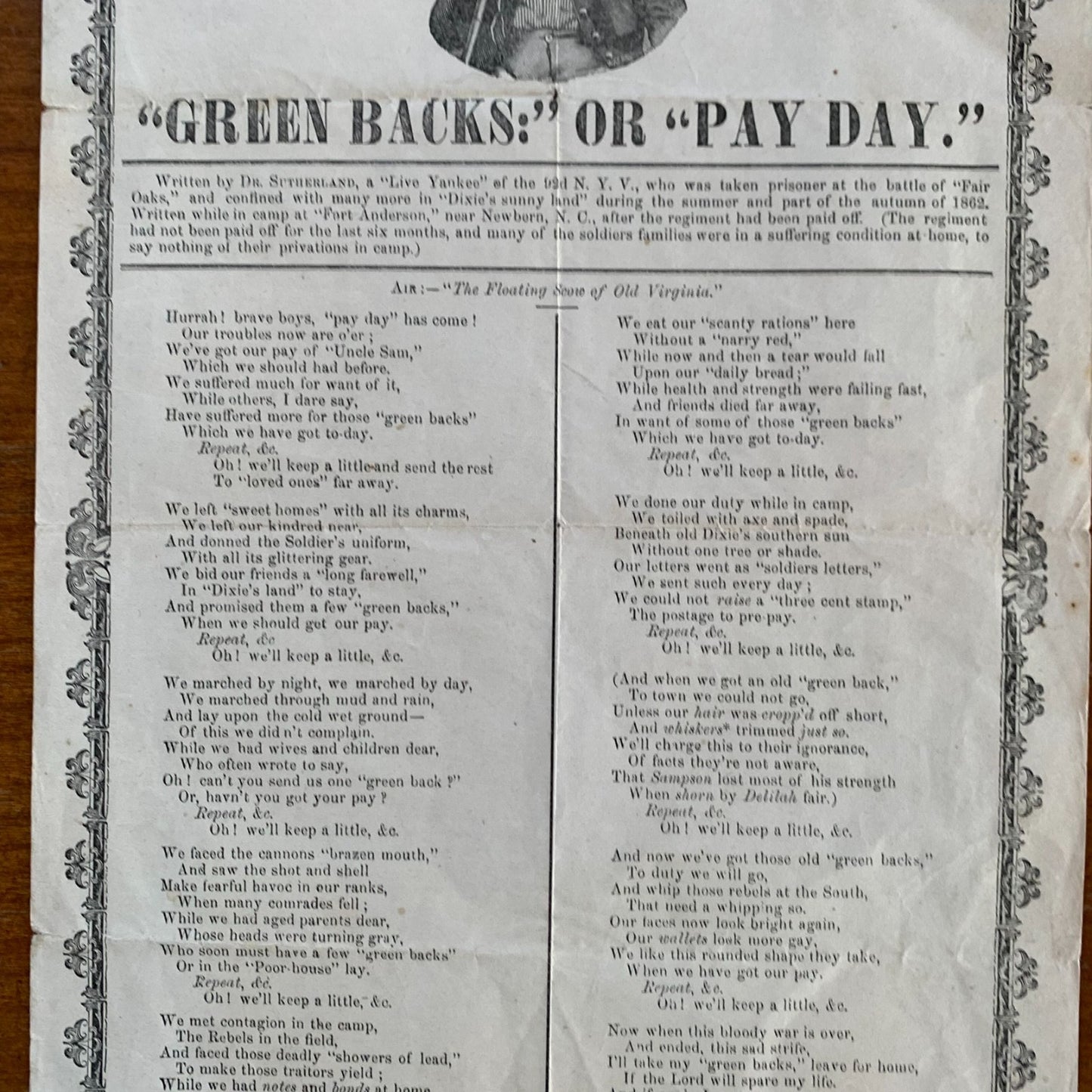 Dr. G. H. Sutherland. "Green Backs:" or "Pay Day." Civil War Song Broadside