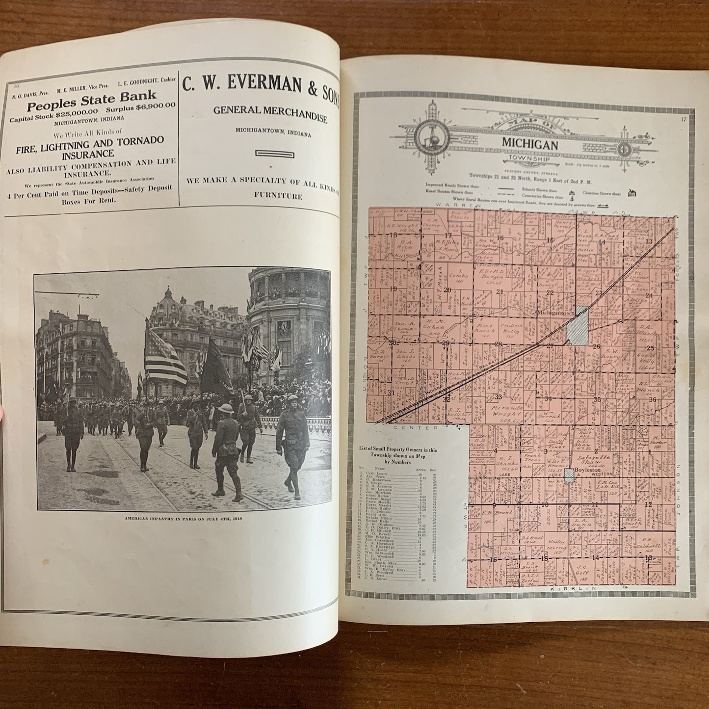 1919 Atlas and Plat Book of Clinton County Indiana World War 1 History Pictures