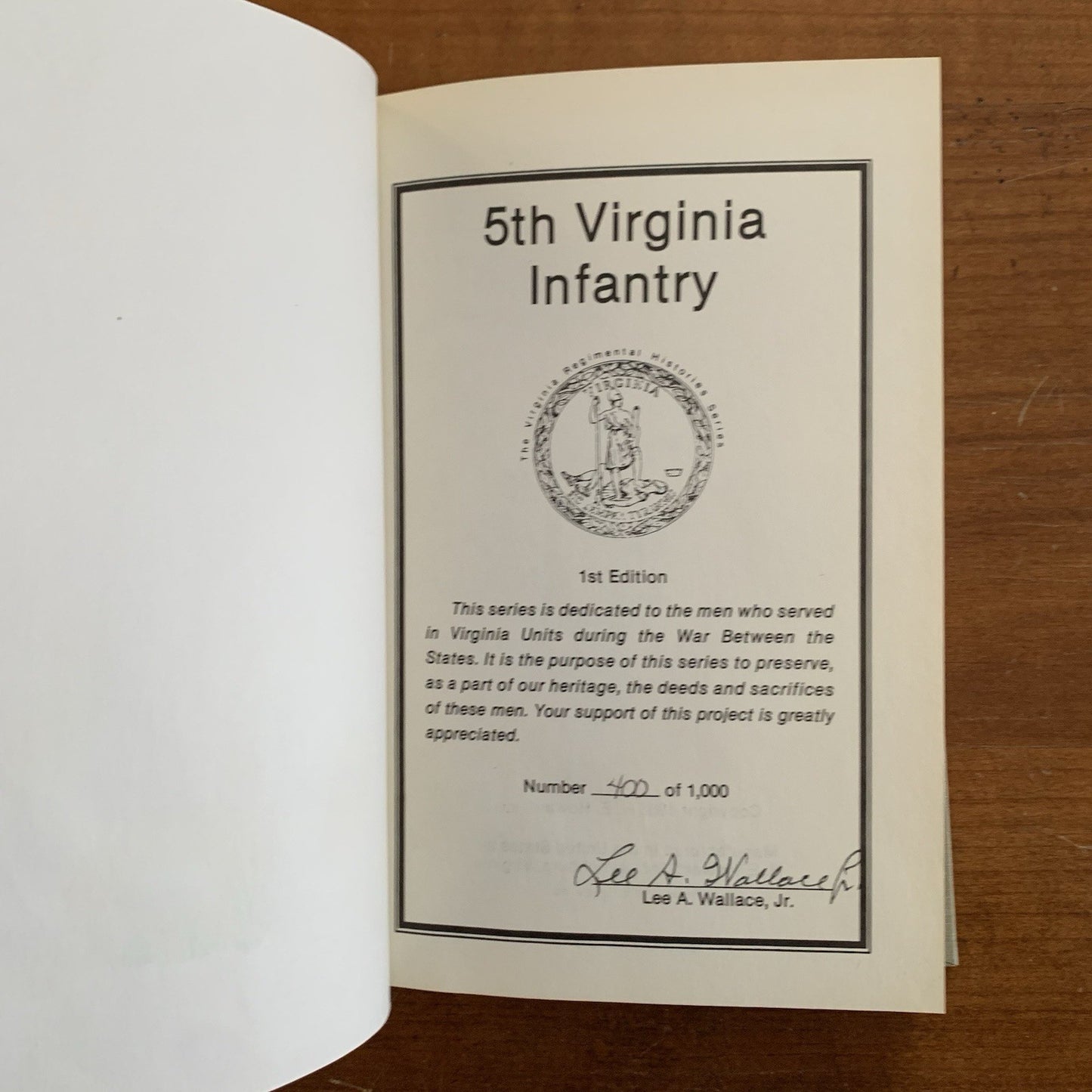 5th Virginia Infantry by Lee A. Wallace Jr. Signed 1st Edition 1988