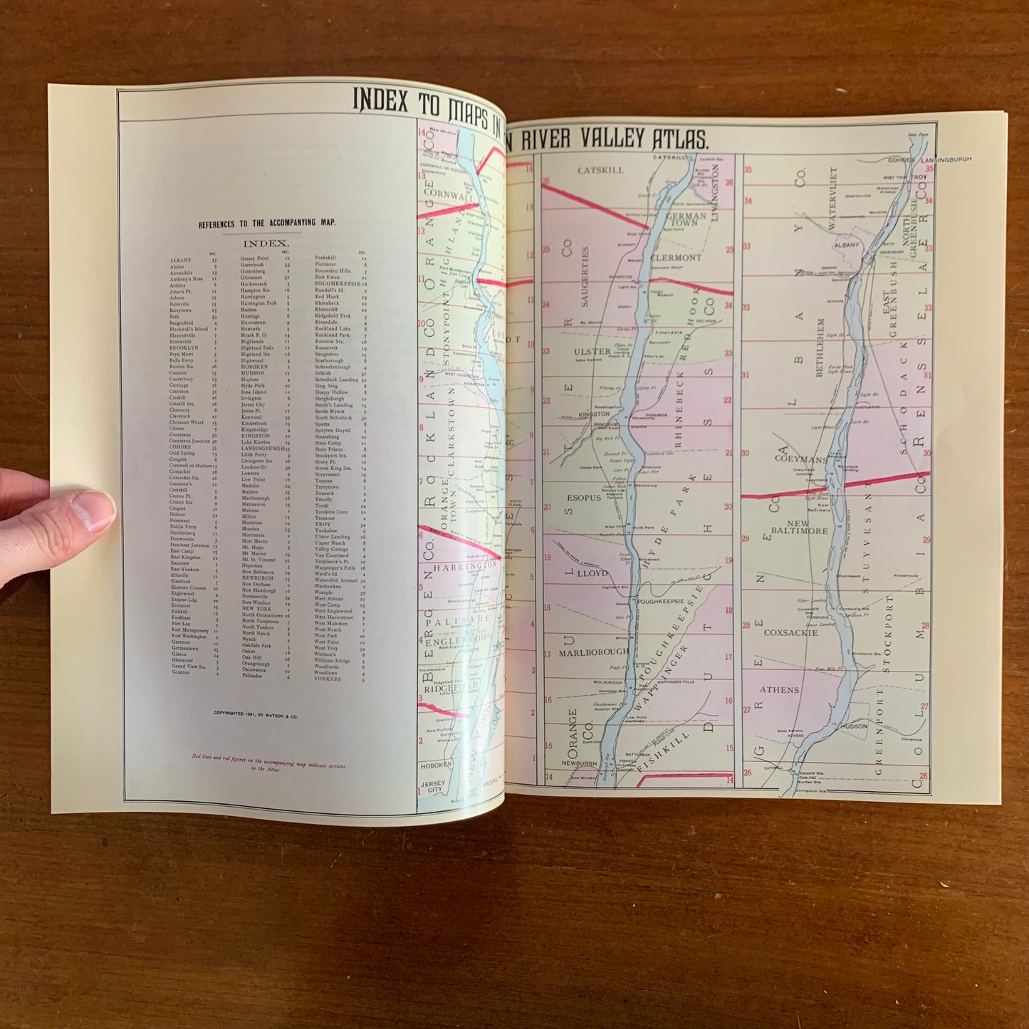 1891 Atlas of the Hudson River Valley New York City to Troy / Color Reprint