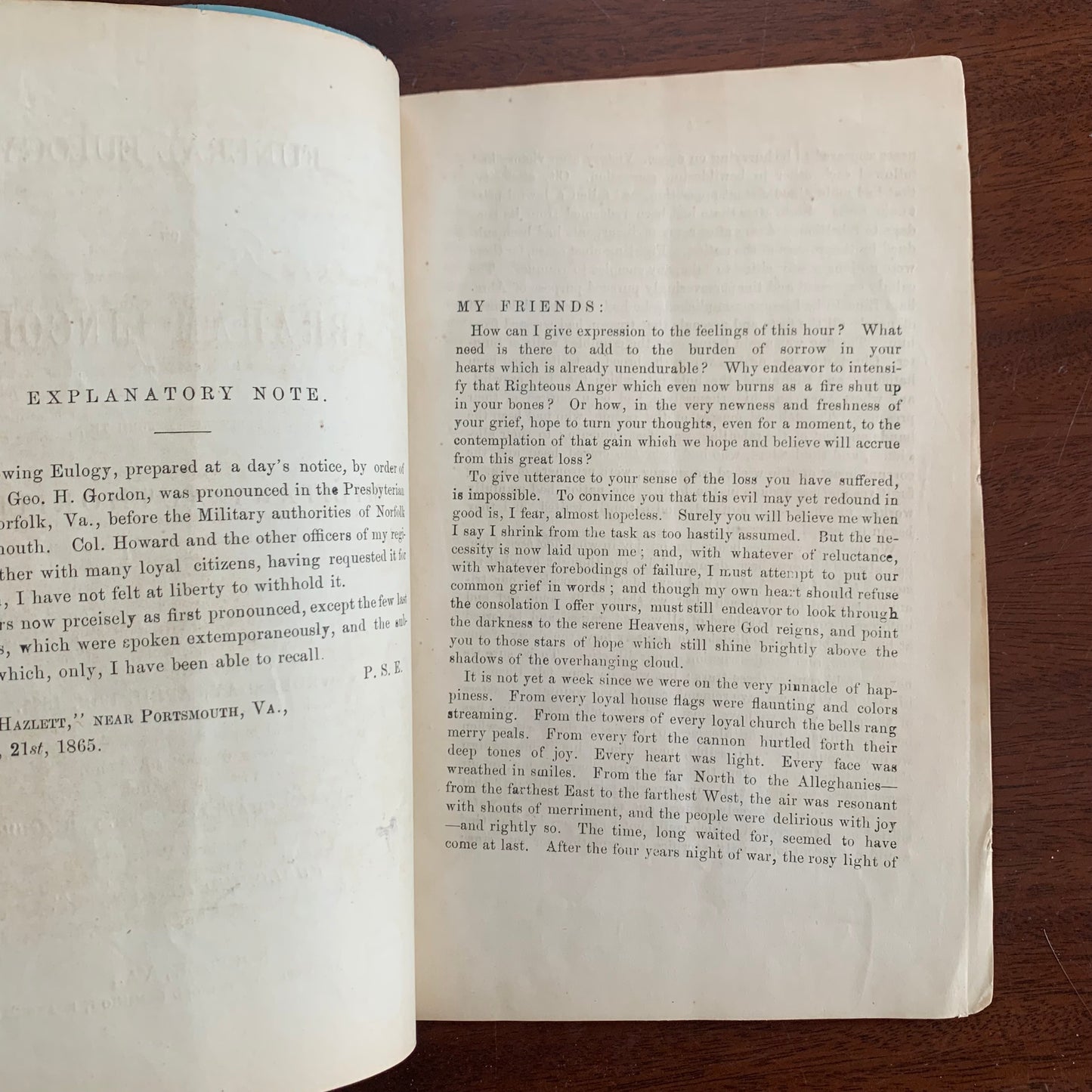 1865 Rare Funeral Eulogy on Abraham Lincoln / Military Authorities Norfolk VA