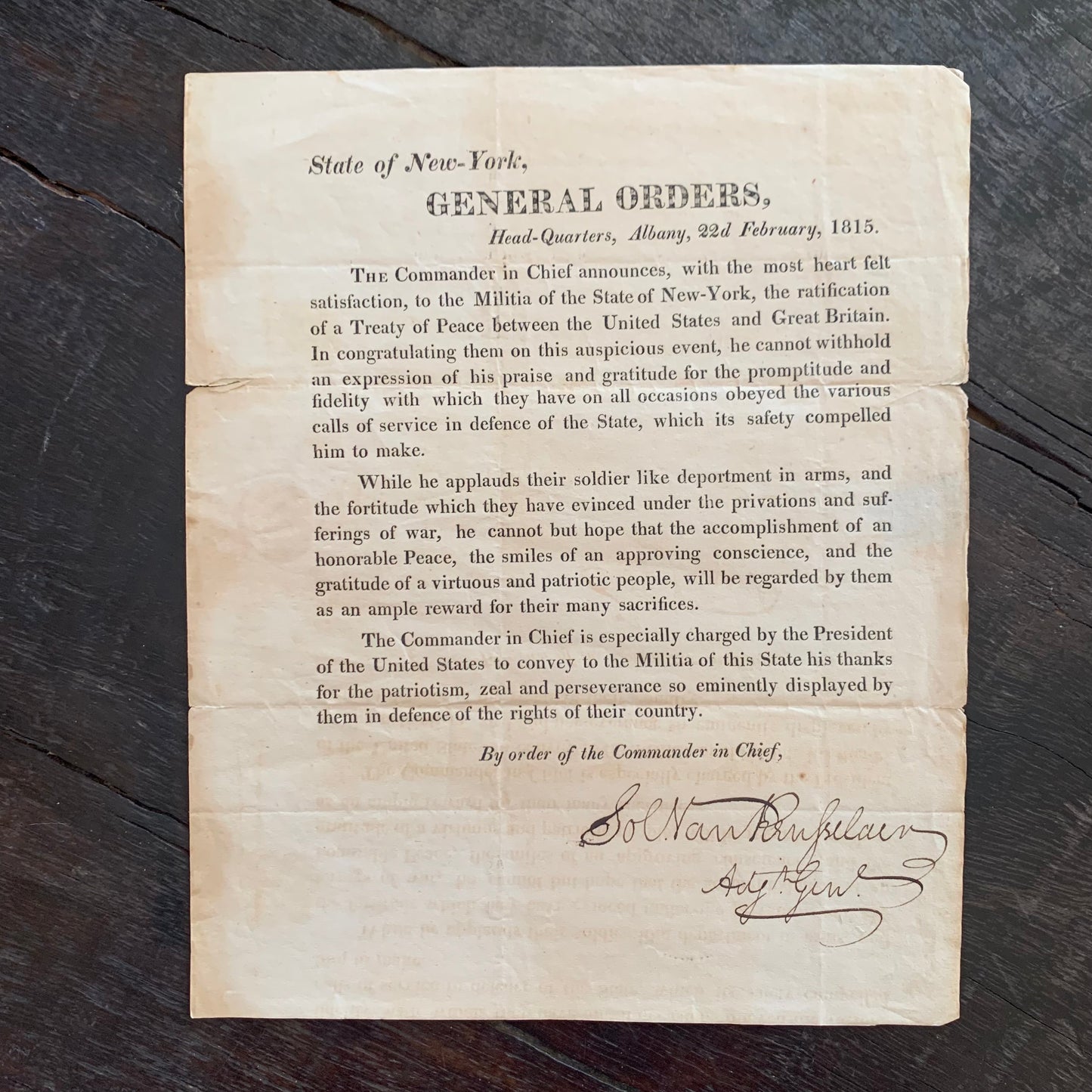War of 1812 New York Militia Peace Treaty Announcement Signed by Solomon Van Rensselaer
