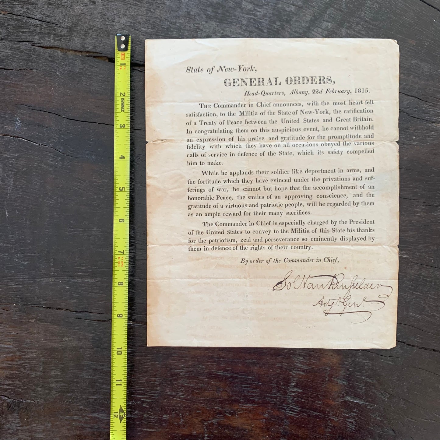 War of 1812 New York Militia Peace Treaty Announcement Signed by Solomon Van Rensselaer