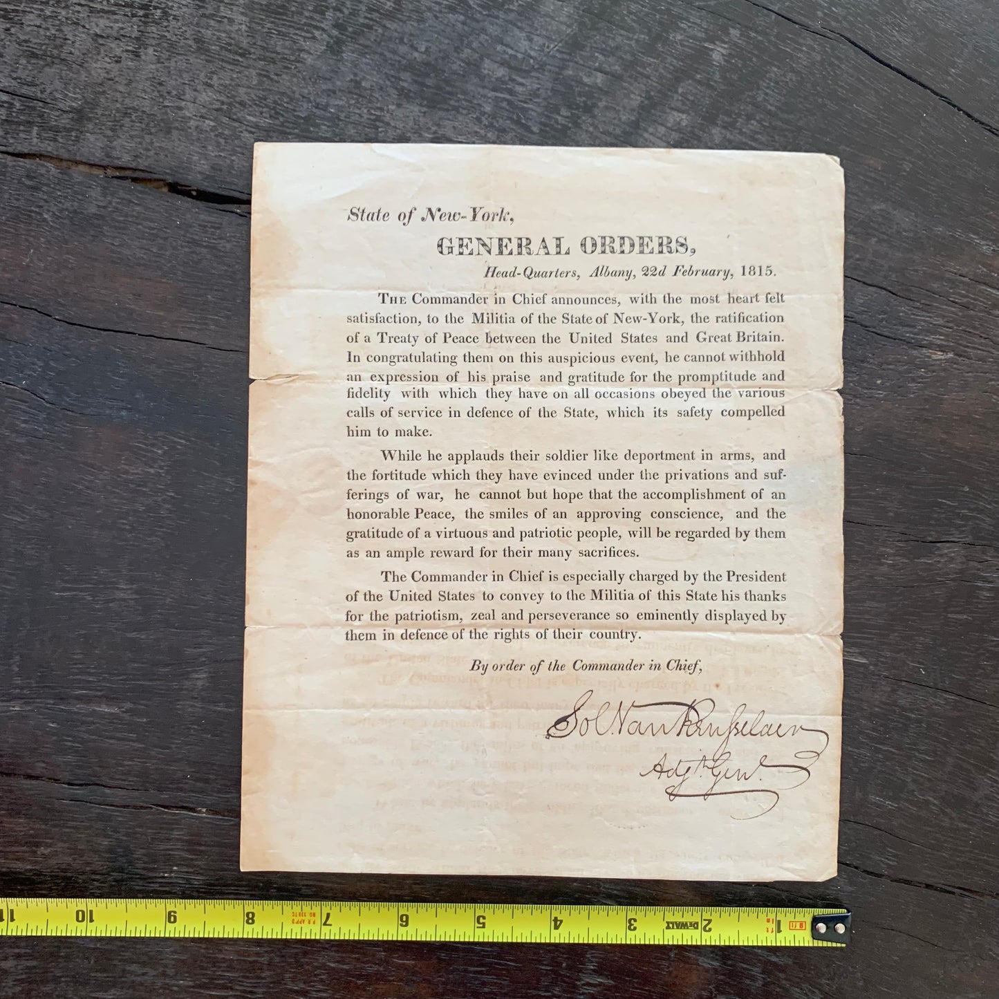 War of 1812 New York Militia Peace Treaty Announcement Signed by Solomon Van Rensselaer
