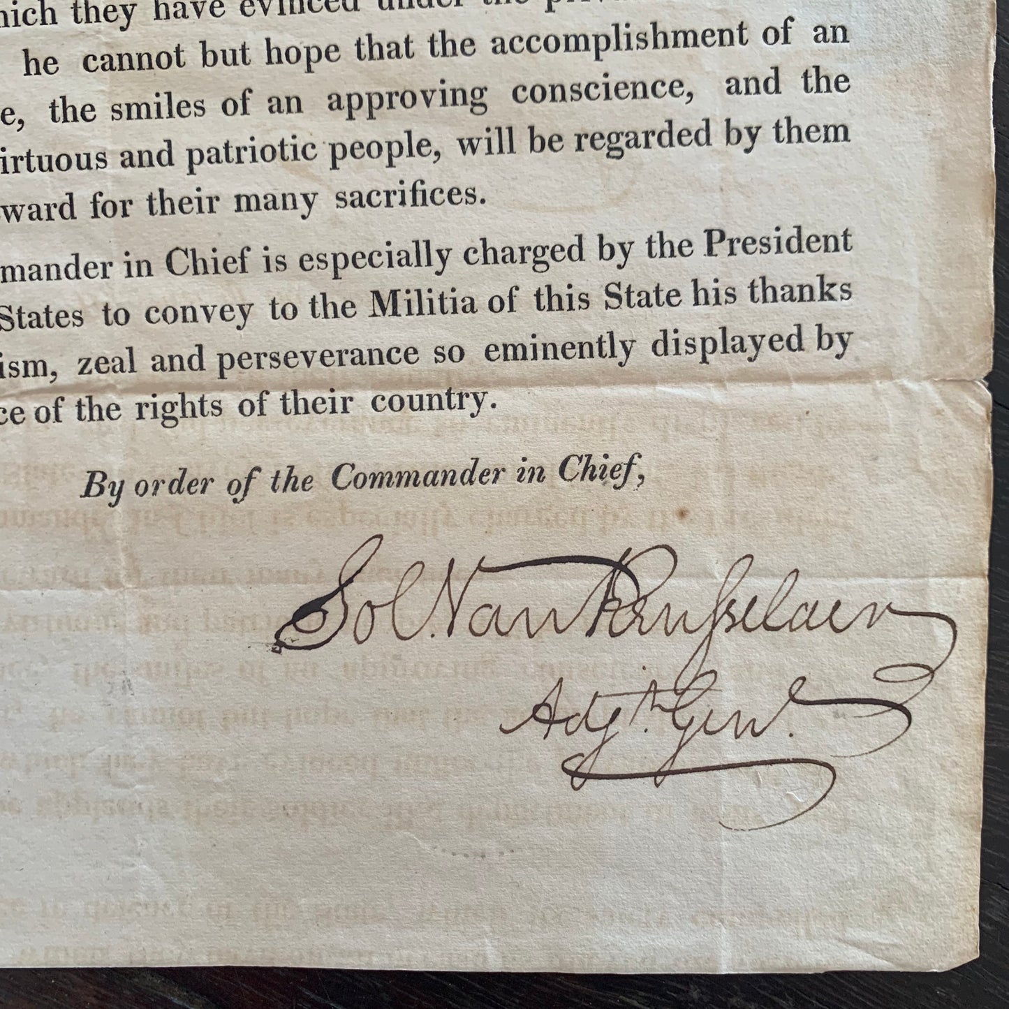 War of 1812 New York Militia Peace Treaty Announcement Signed by Solomon Van Rensselaer
