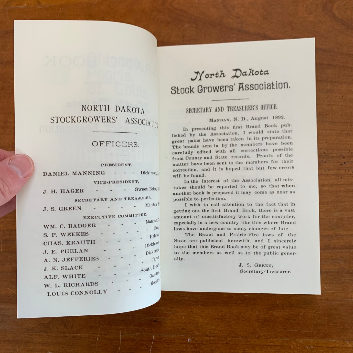 1892 Brand Book of the North Dakota Stockgrowers’ Association FACSIMILE