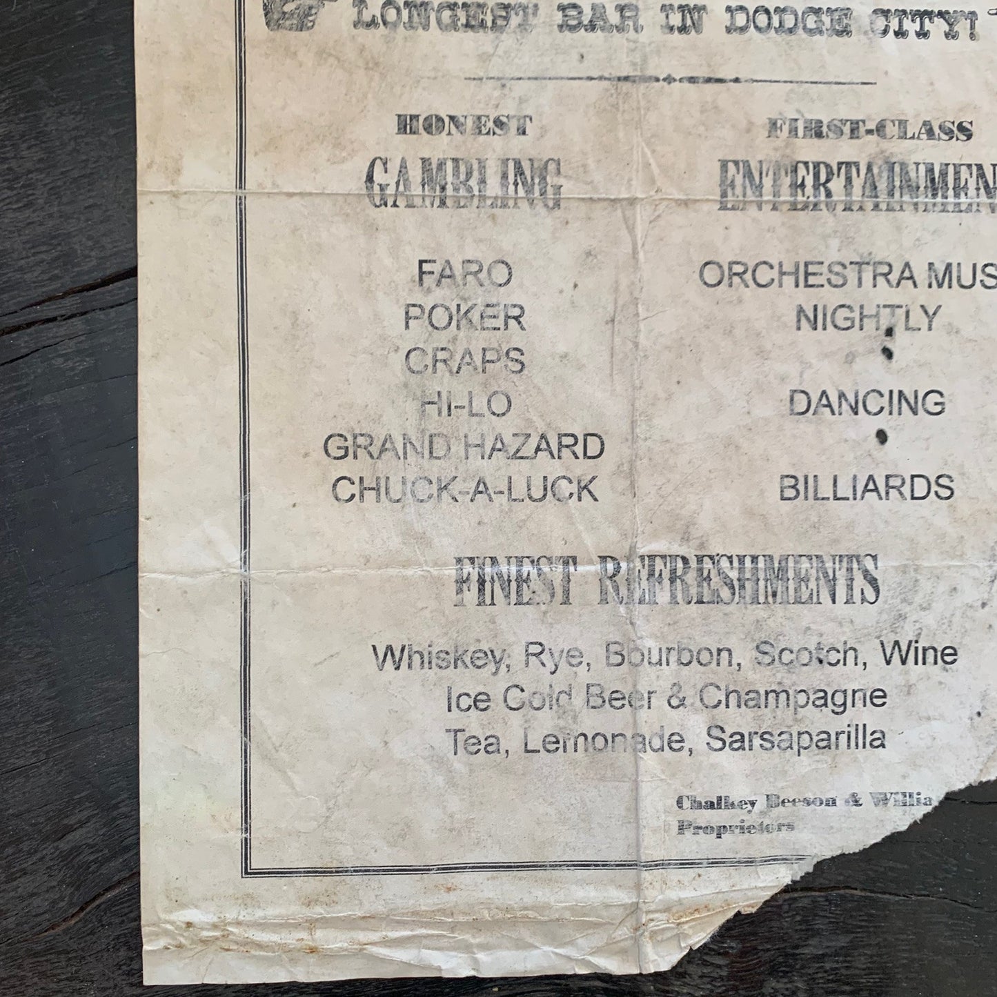 Long Branch Saloon Broadside Poster "Longest Bar in Dodge City!" Kansas